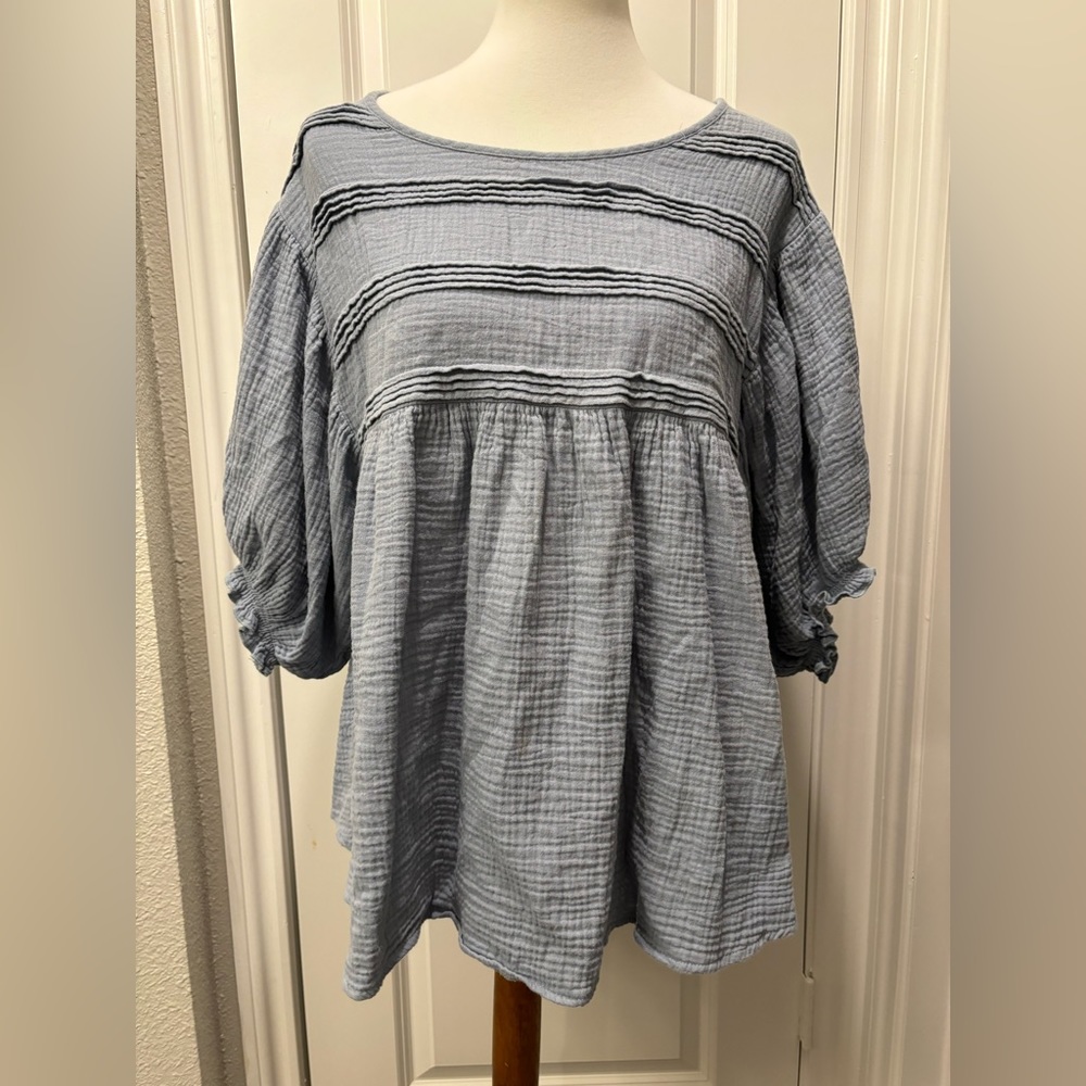 Ces Femme Blue Gauze Babydoll Cotton Peasant Top Baggy Blouse Size L